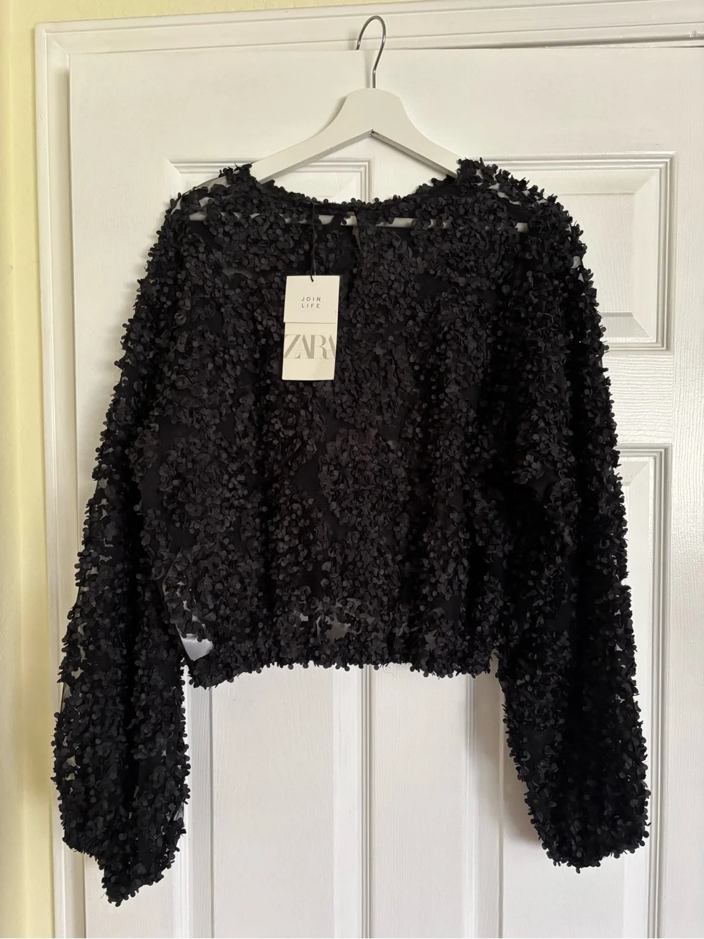 Zara Black Textured Floral-Embellished Long Sleeve Top